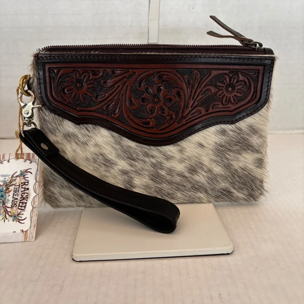 Cowhide Wristlet Women Brown Tooled Leather Floral Western  Bag New Cowgirl